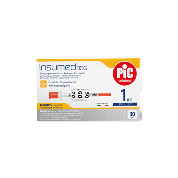 SIRINGA INSULINA PIC INSUMED 1 ML 100 UI AGO GAUGE 30 12,7 MM SENZA SPAZIO MORTO 30 PEZZI