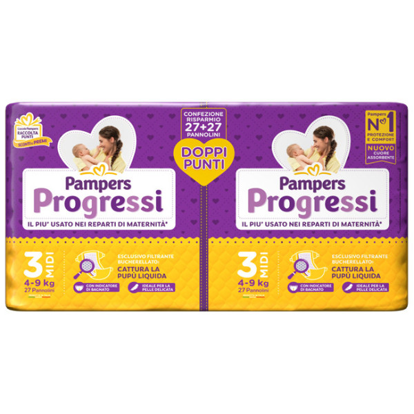 PAMPERS PROGRESSI PANNOLINO MIDI PACCO DOPPIO 54 PEZZI
