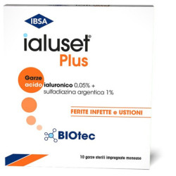 GARZA IALUSET PLUS IMPREGNATA DI CREMA DI ACIDO IALURONICO 0,05%, DI SULFADIAZINA ARGENTICA 1%, MACROGOL, GLICEROLO E ACQUA 10 X
