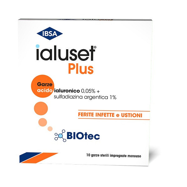 GARZA IALUSET PLUS IMPREGNATA DI CREMA DI ACIDO IALURONICO 0,05%, DI SULFADIAZINA ARGENTICA 1%, MACROGOL, GLICEROLO E ACQUA 10 X