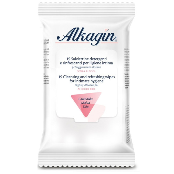 ALKAGIN SALVIETTINE DETERGENTI E RINFRESCANTI PER L'IGIENE INTIMA PH LEGGERMENTE ALCALINO SENZA ALCOOL 15 PEZZI CALENDULA MALVA 