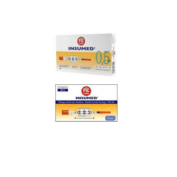 SIRINGA PER INSULINA PIC INSUMED 0,5 ML 100 UI AGO GAUGE 30 LUNGHEZZA 8 MM SENZA SPAZIO MORTO 3 SACCHETTI DA 10 PEZZI