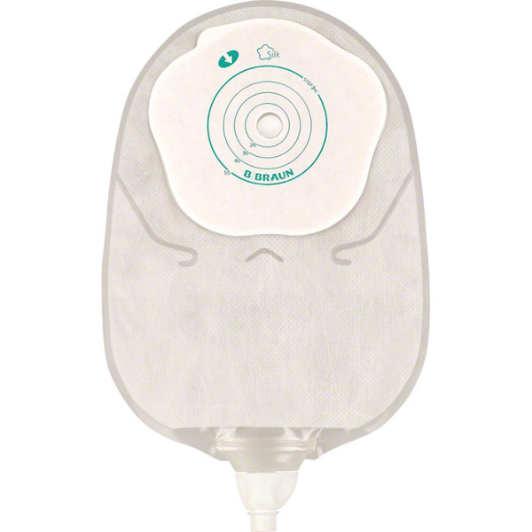 SACCA UROSTOMIA MONO PEZZO CON PROTETTORE CUTANEO E ADESIVO MICROPOROSO CON RUBINETO E VALVOLA ANTIREFLUSSO SILK MISURA 12/55MM 