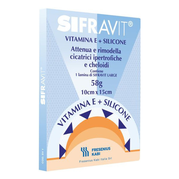 PLACCA IN SILICONE E VITAMINA E SIFRAVIT DIMENSIONI 15X10CM. INDICATA NEL TRATTAMENTO DI CHELOIDI E CICATRICI IPERTROFICHE CONSE