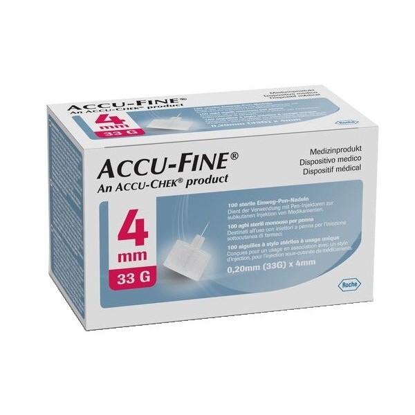 AGO IPODERMICO PER PENNA DA INSULINA ACCU-FINE IN ACCIAIO INOX 33 GAUGE 4 MM 100 PEZZI