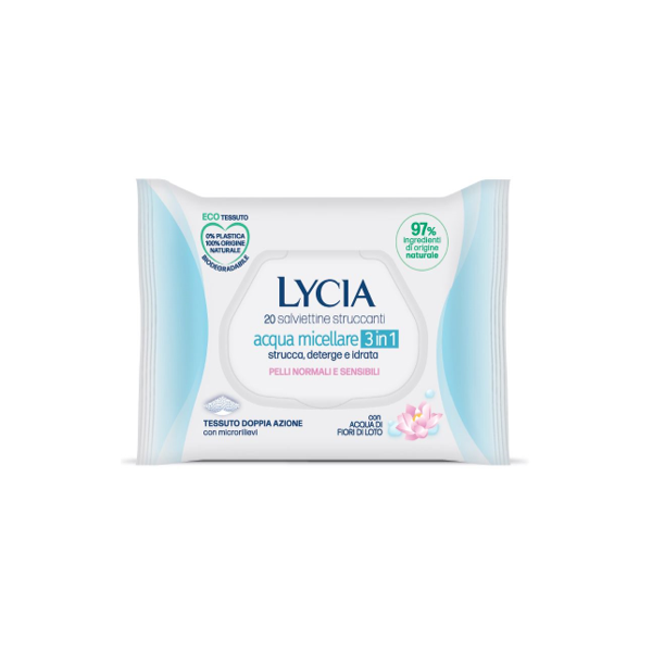 LYCIA SALVIETTINE STRUCCANTI ACQUA MICELLARE 3 IN 1 20 PEZZI