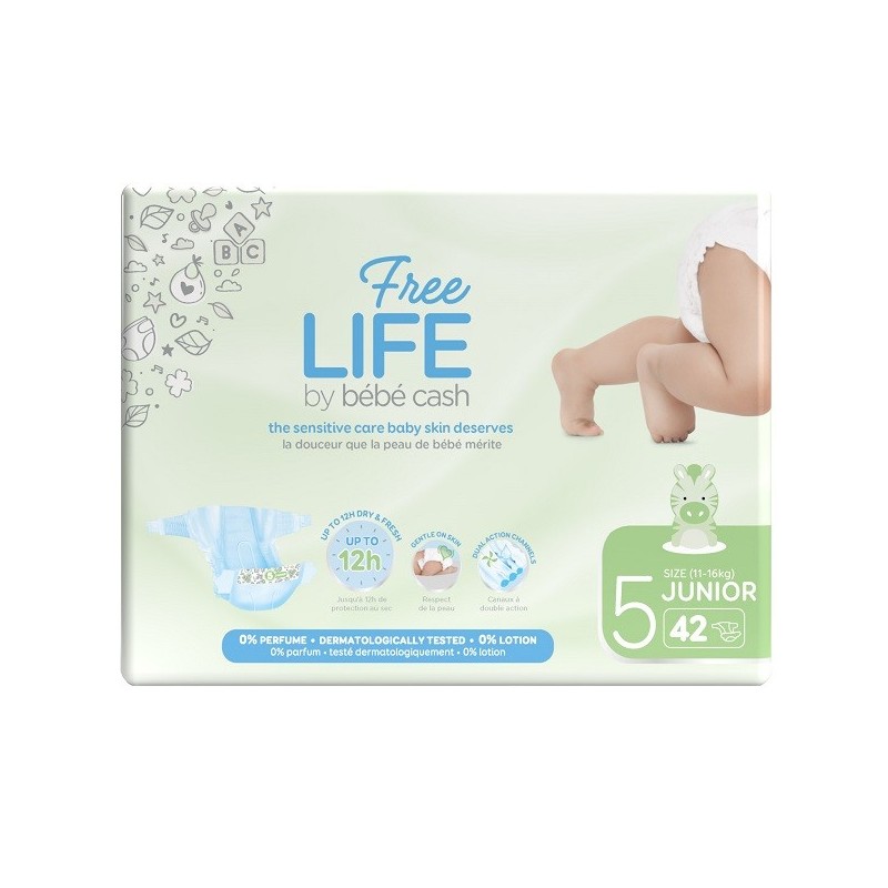 FREELIFE BY BEBECASH PANNOLINI JUNIOR TAGLIA 5 11-25 KG GIROVITA 41-62 CM 42 PEZZI
