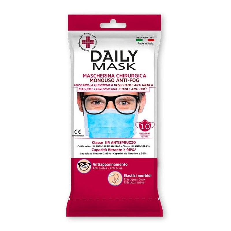 MASCHERINA CHIRURGICA MONOUSO ANTI-FOG DAILY MASK TIPO IIR TRE TNT STRATI ANTISPRUZZO 10 PEZZI