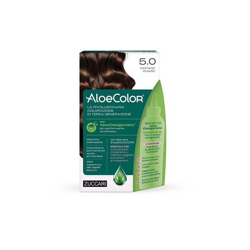 ALOECOLOR 5,0 CASTANO CHIARO TINTA PERMANENTE CAPELLI COLORE AD ALTA PIGMENTAZIONE 50 ML + RIVELATORE ALOEOSSIGENATA 75 ML + SHA