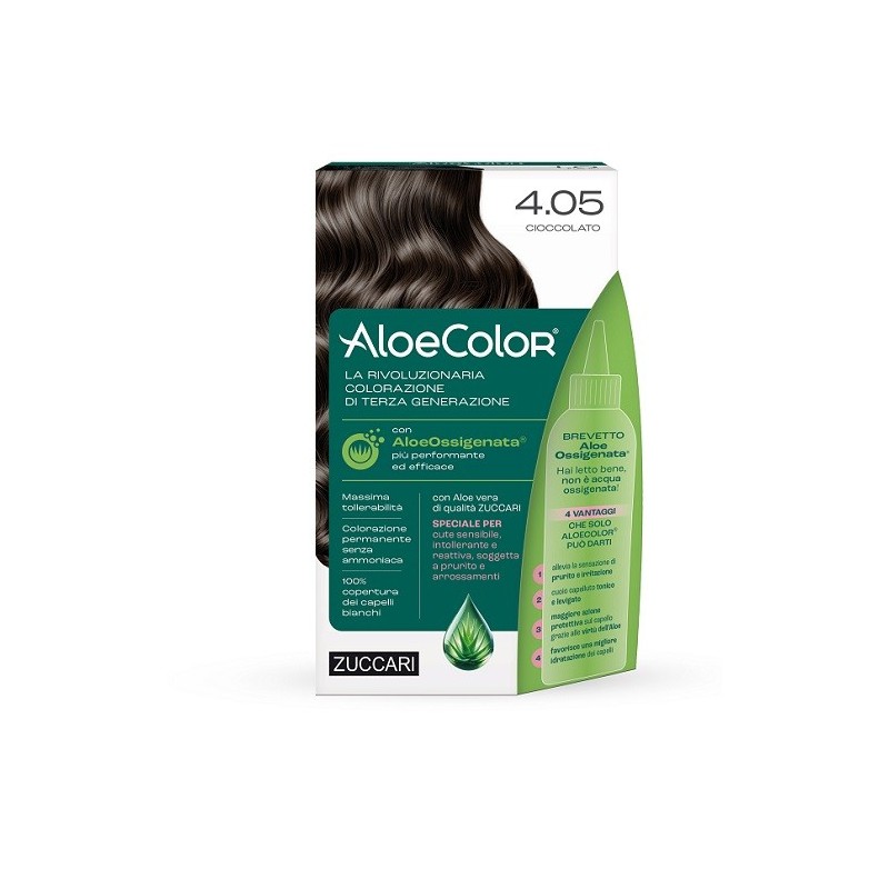 ALOECOLOR 4,05 CIOCCOLATO TINTA PERMANENTE CAPELLI COLORE AD ALTA PIGMENTAZIONE 50 ML + RIVELATORE ALOEOSSIGENATA 75 ML + SHAMPO