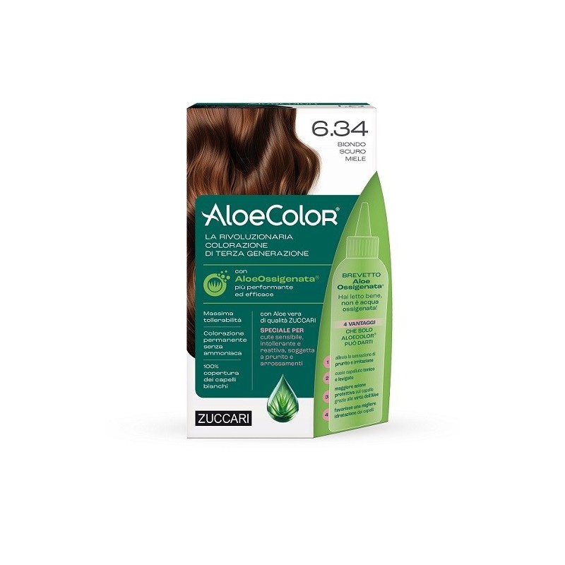 ALOECOLOR 6,34 BIONDO SCURO MIELE TINTA PERMANENTE CAPELLI COLORE AD ALTA PIGMENTAZIONE 50 ML + RIVELATORE ALOEOSSIGENATA 75 ML 
