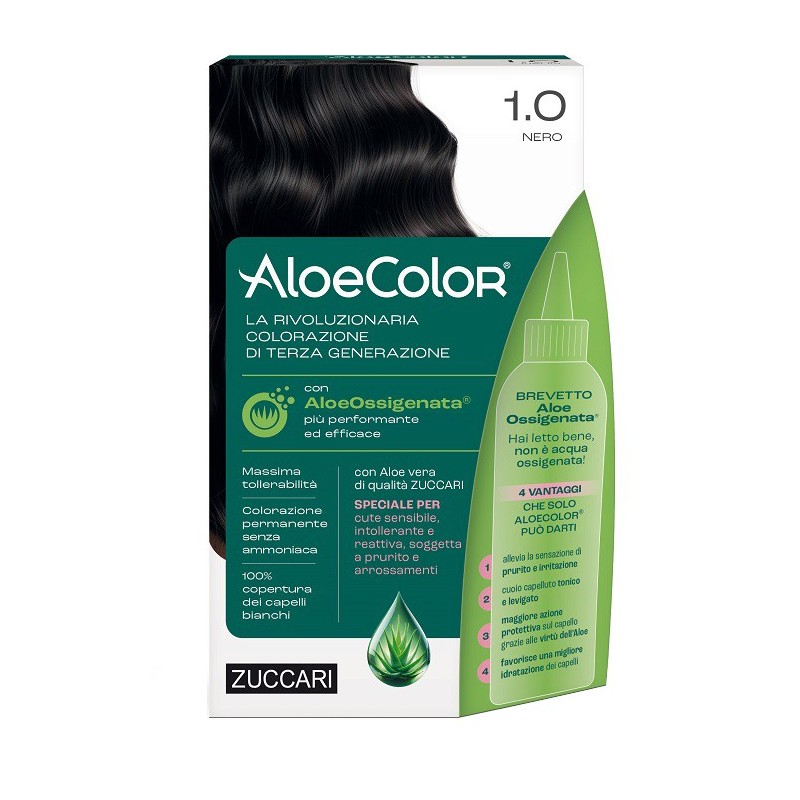 ALOECOLOR 1,0 NERO TINTA PERMANENTE CAPELLI COLORE AD ALTA PIGMENTAZIONE 50 ML + RIVELATORE ALOEOSSIGENATA 75 ML + SHAMPOO ALOEC