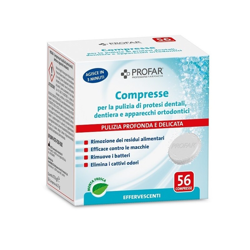 PROFAR COMPRESSE PULIZIA PROTESI DENTALI-DENTIERA-APPARECCHI ORTODONTICI 56 PEZZI