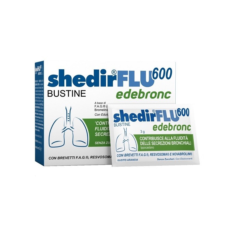 SHEDIRFLU 600 EDEBRONC 20 BUSTINE DA 3 G GUSTO ARANCIA, SENZA GLUTINE, NATURALMENTE PRIVO DI LATTOSIO, SENZA ZUCCHERI, CON EDULC