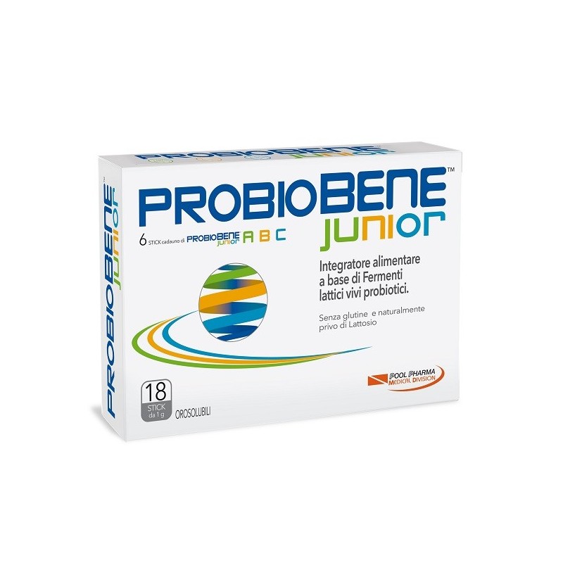 PROBIOBENE JUNIOR 18 STICK OROSOLUBILI DA 1 G SENZA GLUTINE NATURALMENTE PRIVO DI LATTOSIO