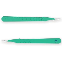 BISTURI MONOUSO E STERILE NUMERO 11. LAMA IN ACCIAIO INOX SALDATA ALL'INTERNO DI UN MANICO IN ABS LEGGERO ED ERGONOMICO. ASSICUR