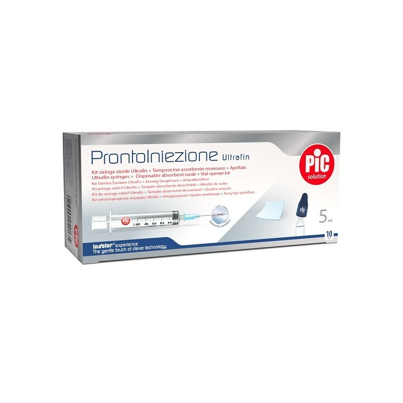 PRONTOINIEZIONE ULTRAFIN KIT SIRINGA STERILE 5 ML GAUGE 23 10 PEZZI + TAMPONCINO ASSORBENTE MONOUSO + APRIFIALA