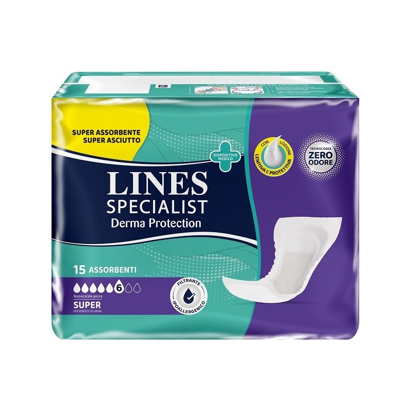 PANNOLONE PER INCONTINENZA LINES SPECIALIST DERMA PROTECTION SAGOMATO ANATOMICO SUPER 15 PEZZI