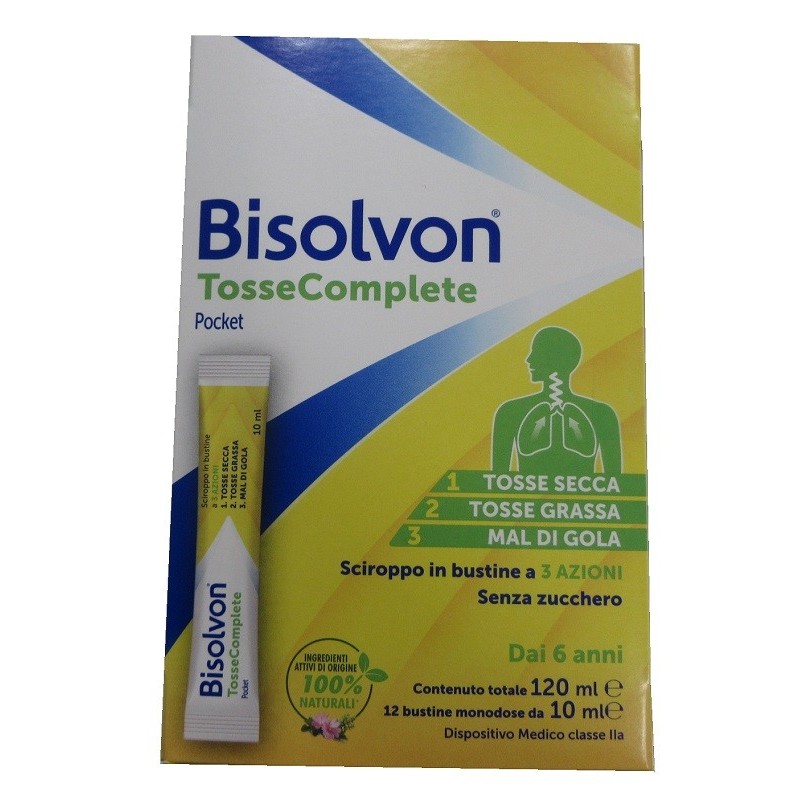 BISOLVON TOSSE COMPLETE POCKET SCIROPPO 12 BUSTINE DA 10 ML SENZA ZUCCHERO SENZA GLUTINE SENZA LATTOSIO