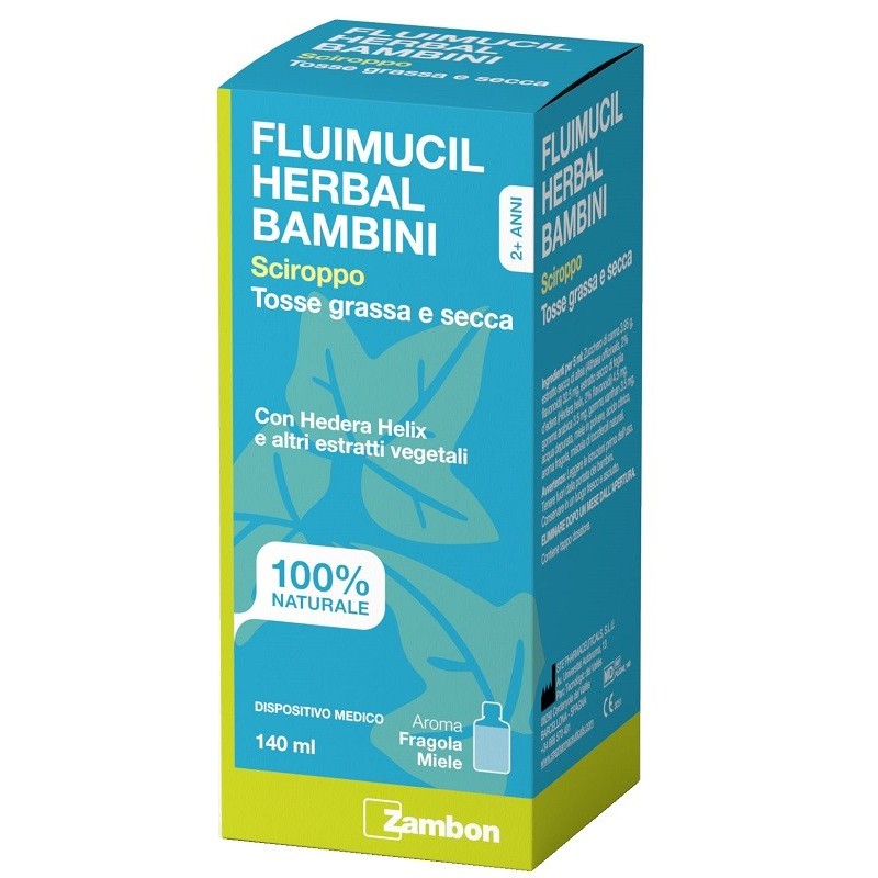 FLUIMUCIL HERBAL BAMBINI SCIROPPO TOSSE GRASSA E SECCA 140 ML AROMA FRAGOLA E MIELE SENZA GLUTINE SENZA LATTOSIO