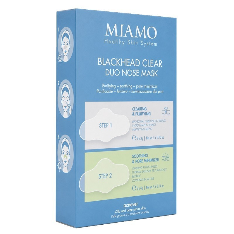 MIAMO HEALTY SKIN SYSTEM ACNEVER BLACKHEAD CLEAR DUO NOSE MASK STEP 1 CLEARING & PURIFYING 5 PEZZI 3 G + STEP 2 SOOTHING & PORE 