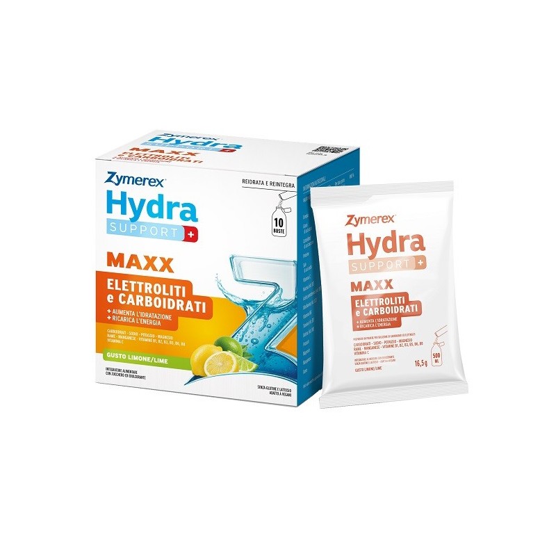 ZYMEREX HYDRASUPPORT+ MAXX 10 BUSTE DA 16,5 G GUSTO LIMONE/LIME CON ZUCCHERO ED EDULCORANTE SENZA GLUTINE SENZA LATTOSIO