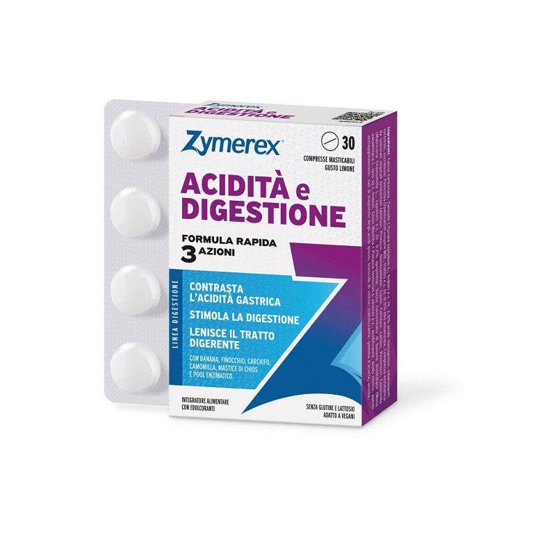 ZYMEREX ACIDITA' DIGESTIONE 30 COMPRESSE MASTICABILI GUSTO LIMONE CON EDULCORANTI SENZA GLUTINE E LATTOSIO