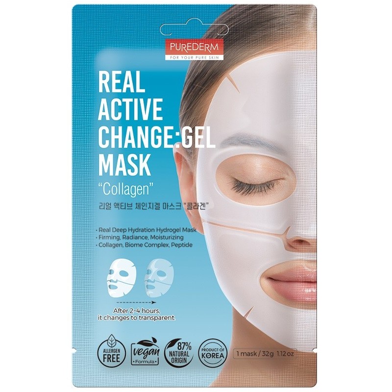 PUREDERM FOR YOUR PURE SKIN REAL ACTIVE CHANGE MASCHERA HYDROGEL AL COLLAGENE VEGANO MONOUSO 32 G
