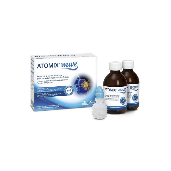 ATOMIX WAVE DISPOSITIVO PER IGIENE RINOFARINGEA ATOMIX SOLUZIONE SALINA 250 ML 2 PEZZI + TERMINALE NASALE + EROGATORE A SOFFIETT