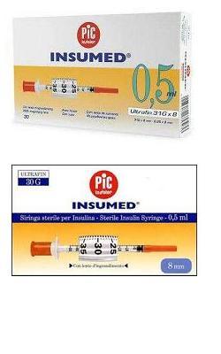 SIRINGA PER INSULINA PIC INSUMED 0,5 ML 100 UI AGO GAUGE 30 LUNGHEZZA 8 MM SENZA SPAZIO MORTO 3 SACCHETTI DA 10 PEZZI - FARMACIA33