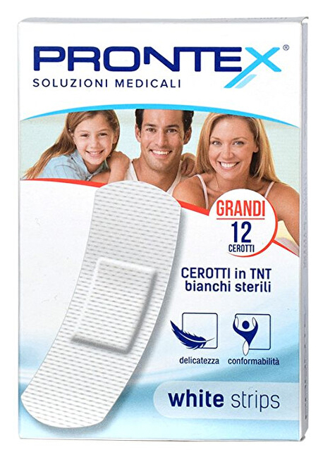 CEROTTO PRONTEX WHITE STRIPS IN TESSUTO NON TESSUTO BIANCO STERILE SCATOLA 12 CEROTTI GRANDI - FARMACIA33