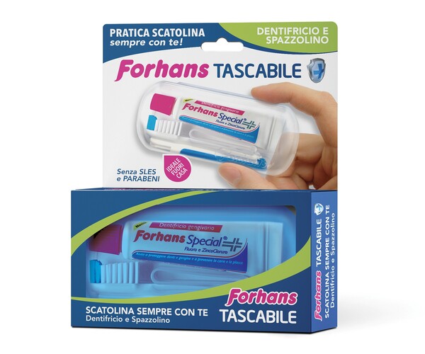 FORHANS TRAVEL KIT TASCABILE COMPOSTO DA SPAZZOLINO DA VIAGGIO + FORHANS SPECIAL PASTA DENTIFRICIA TUBETTO 12,5 ML - FARMACIA33