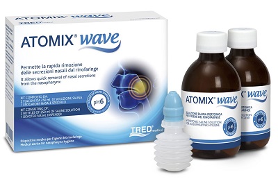 ATOMIX WAVE DISPOSITIVO PER IGIENE RINOFARINGEA ATOMIX SOLUZIONE SALINA 250 ML 2 PEZZI + TERMINALE NASALE + EROGATORE A SOFFIETTO - FARMACIA33