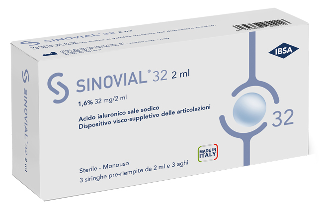 SIRINGA INTRA-ARTICOLARE SINOVIAL 32 ACIDO IALURONICO SALE SODICO 1,6% 32MG/2ML 3 SIRINGHE X 2ML + 3 AGHI - FARMACIA33