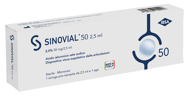 SIRINGA INTRA-ARTICOLARE SINOVIAL 50 ACIDO IALURONICO SALE SODICO 2% 50MG/2,5ML 2,5ML + AGO 21 GAUGE - FARMACIA33