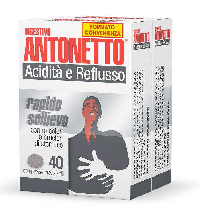 DIGESTIVO ANTONETTO ACIDITA' E REFLUSSO 80 COMPRESSE MASTICABILI 2 ASTUCCI DA 40 COMPRESSE - FARMACIA33