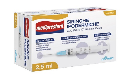 SIRINGA IPODERMICA MEDIPRESTERIL AGO 23 GAUGE 1 1/4 0,6X30MM 2,5 ML 10 PEZZI - FARMACIA33