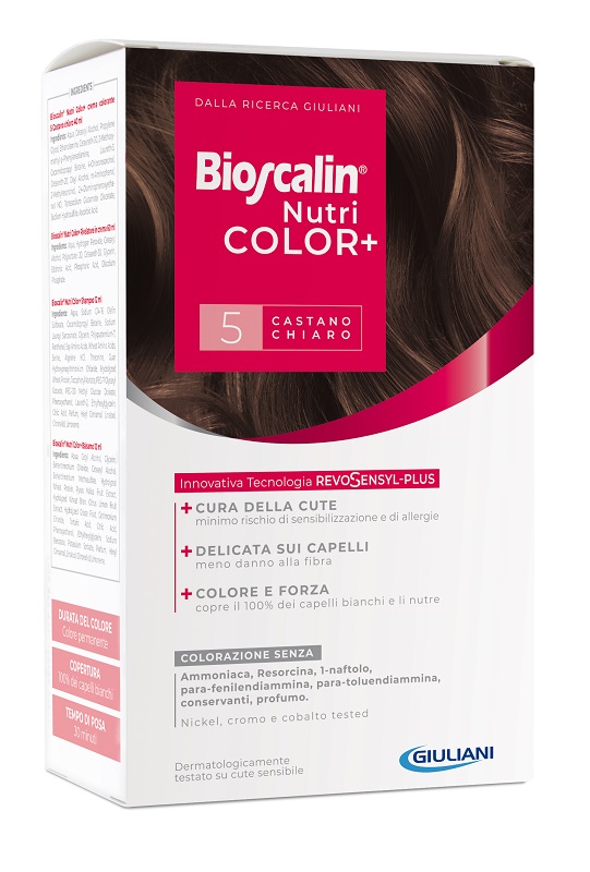 BIOSCALIN NUTRICOLOR PLUS 5 CASTANO CHIARO CREMA COLORANTE 40 ML + RIVELATORE CREMA 60 ML + SHAMPOO 12 ML + TRATTAMENTO FINALE BALSAMO 12 ML - FARMACIA33
