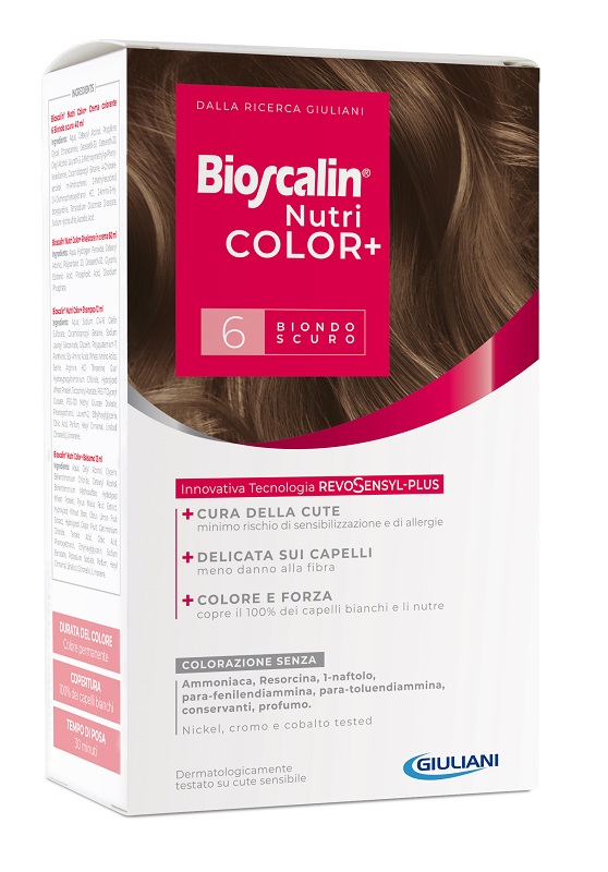 BIOSCALIN NUTRICOLOR PLUS 6 BIONDO SCURO CREMA COLORANTE 40 ML + RIVELATORE CREMA 60 ML + SHAMPOO 12 ML + TRATTAMENTO FINALE BALSAMO 12 ML - FARMACIA33