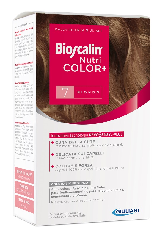 BIOSCALIN NUTRICOLOR PLUS 7 BIONDO CREMA COLORANTE 40 ML + RIVELATORE CREMA 60 ML + SHAMPOO 12 ML + TRATTAMENTO FINALE BALSAMO 12 ML - FARMACIA33