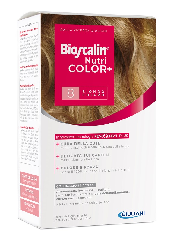 BIOSCALIN NUTRICOLOR PLUS 8 BIONDO CHIARO CREMA COLORANTE 40 ML + RIVELATORE CREMA 60 ML + SHAMPOO 12 ML + TRATTAMENTO FINALE BALSAMO 12 ML - FARMACIA33