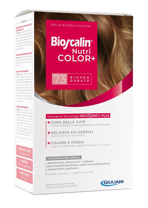 BIOSCALIN NUTRICOLOR PLUS 7,3 BIONDO DORATO CREMA COLORANTE 40 ML + RIVELATORE CREMA 60 ML + SHAMPOO 12 ML + TRATTAMENTO FINALE BALSAMO 12 ML - FARMACIA33