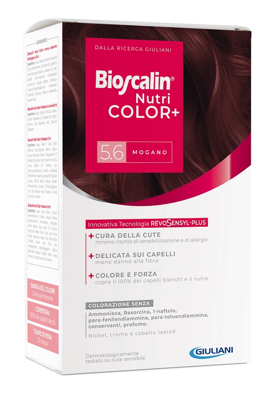 BIOSCALIN NUTRICOLOR PLUS 5,6 MOGANO CREMA COLORANTE 40 ML + RIVELATORE CREMA 60 ML + SHAMPOO 12 ML + TRATTAMENTO FINALE BALSAMO 12 ML - FARMACIA33