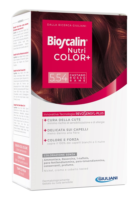 BIOSCALIN NUTRICOLOR PLUS 5,54 CASTANO ROSSO RAME CREMA COLORANTE 40 ML + RIVELATORE CREMA 60 ML + SHAMPOO 12 ML + TRATTAMENTO FINALE BALSAMO 12 ML - FARMACIA33