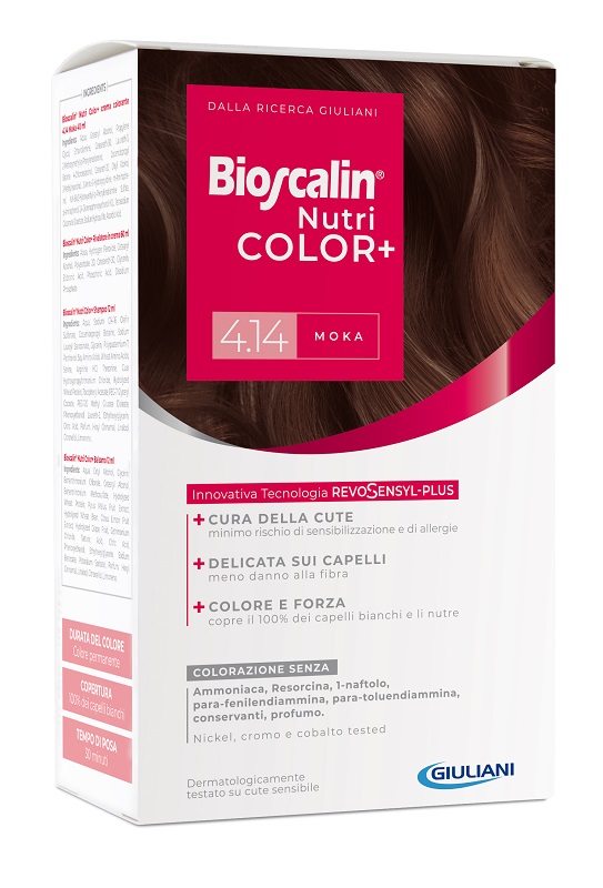 BIOSCALIN NUTRICOLOR PLUS 4,14 MOKA CREMA COLORANTE 40 ML + RIVELATORE CREMA 60 ML + SHAMPOO 12 ML + TRATTAMENTO FINALE BALSAMO 12 ML - FARMACIA33