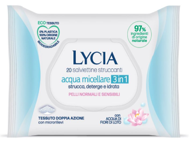 LYCIA SALVIETTINE STRUCCANTI ACQUA MICELLARE 3 IN 1 20 PEZZI - FARMACIA33