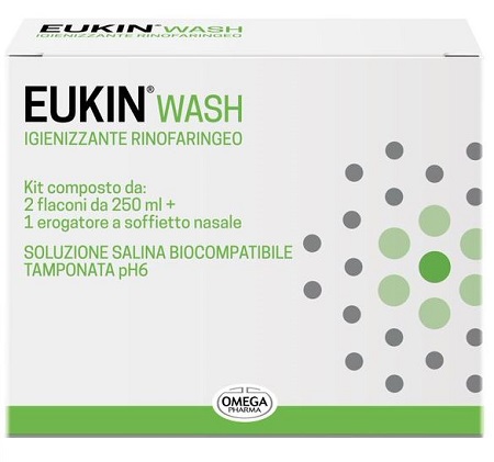 EUKIN WASH IGIENIZZANTE RINOFARINGEO KIT 2 FLACONI DA 250 ML + EROGATORE A SOFFIETTO NASALE - FARMACIA33