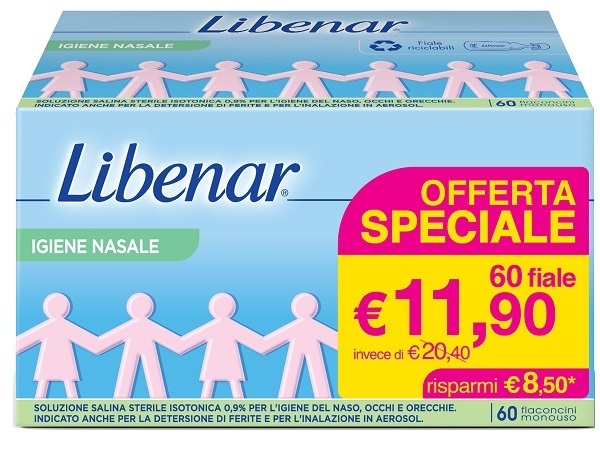 SOLUZIONE SALINA ISOTONICA 0,9% LIBENAR PER IGIENE NASALE 60 FLACONCINI MONOUSO X 5 ML - FARMACIA33