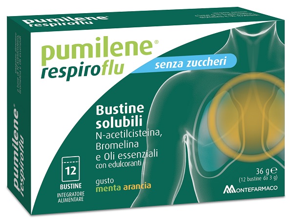 PUMILENE RESPIROFLU SENZA ZUCCHERO 12 BUSTINE GUSTO MENTA ARANCIA 36 G - FARMACIA33