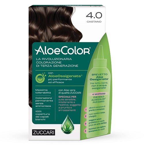 ALOECOLOR 4,0 CASTANO TINTA PERMANENTE CAPELLI COLORE AD ALTA PIGMENTAZIONE 50 ML + RIVELATORE ALOEOSSIGENATA 75 ML + SHAMPOO ALOECARE 15 ML + GUANTI - FARMACIA33